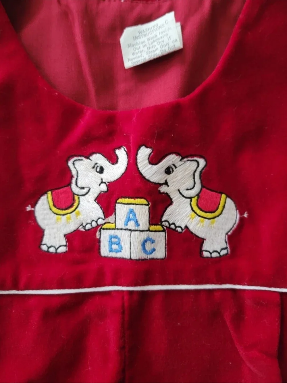 Vintage MCM Baby Velvet One Piece Overalls Red White Embroidered Elephant 18 M